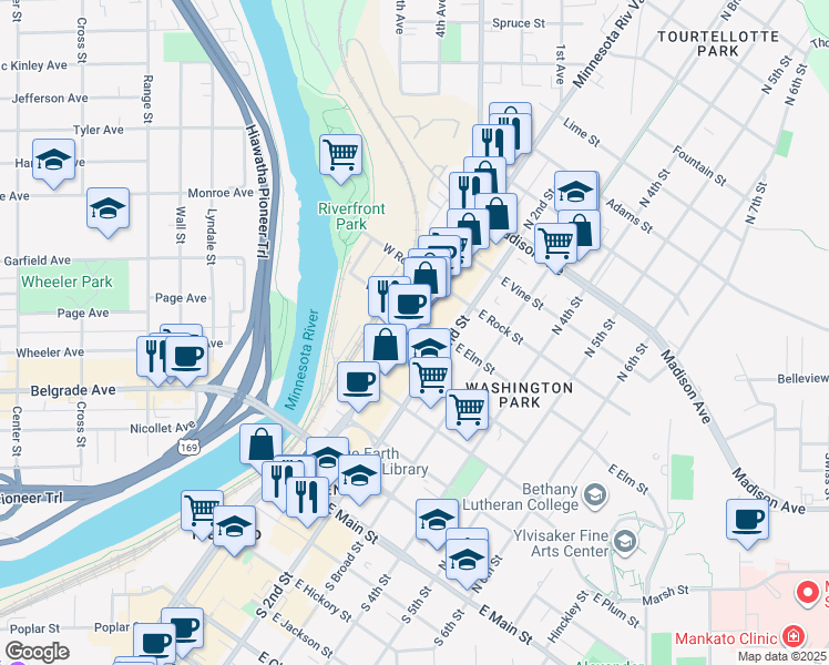 map of restaurants, bars, coffee shops, grocery stores, and more near 524 North Riverfront Drive in Mankato
