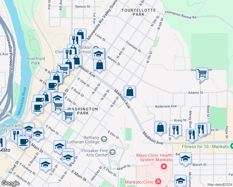 map of restaurants, bars, coffee shops, grocery stores, and more near 505 Madison Avenue in Mankato