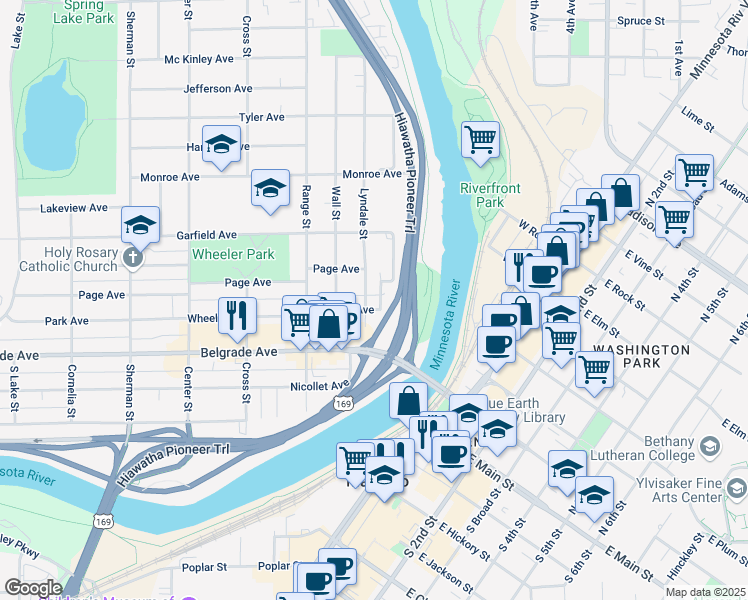 map of restaurants, bars, coffee shops, grocery stores, and more near 103 Cleveland Avenue in North Mankato