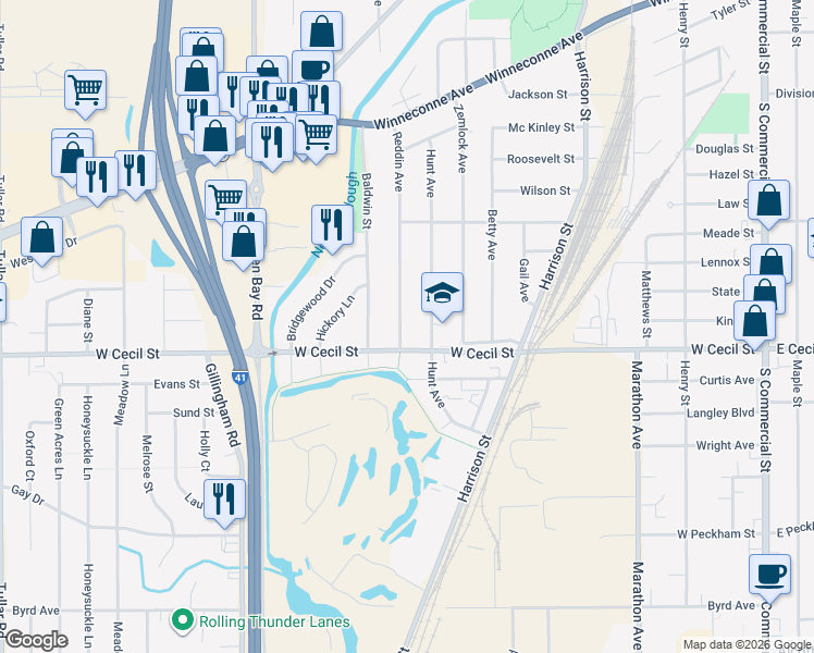 map of restaurants, bars, coffee shops, grocery stores, and more near 966 Reddin Avenue in Neenah