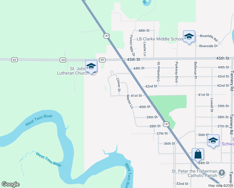 map of restaurants, bars, coffee shops, grocery stores, and more near 4112 Clover Street in Two Rivers