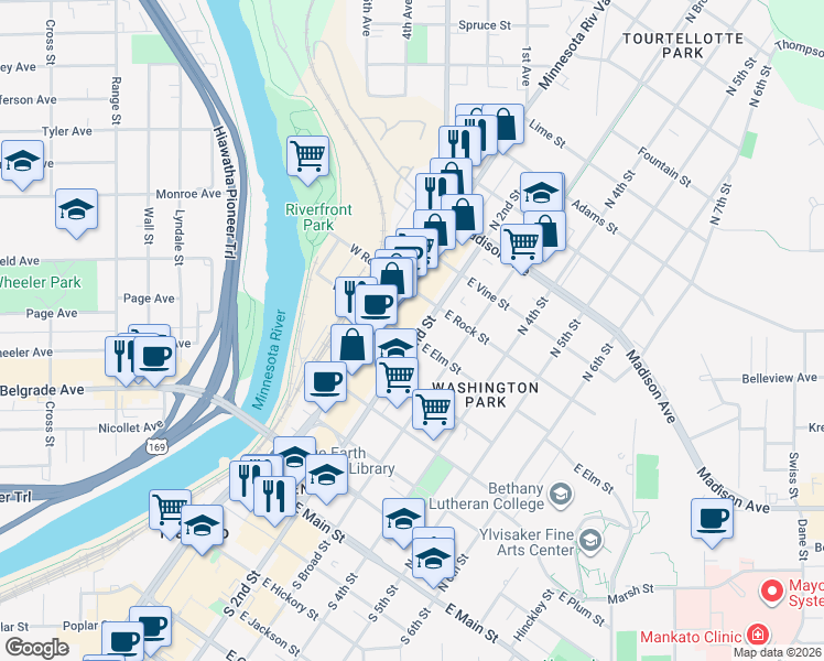 map of restaurants, bars, coffee shops, grocery stores, and more near 114 East Elm Street in Mankato
