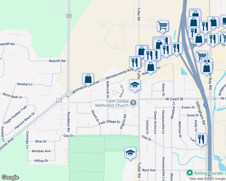 map of restaurants, bars, coffee shops, grocery stores, and more near 1160 Brittany Court in Neenah