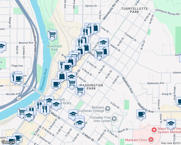 map of restaurants, bars, coffee shops, grocery stores, and more near 703 North Broad Street in Mankato