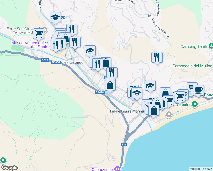 map of restaurants, bars, coffee shops, grocery stores, and more near 16-48 Via del Cigno in Finale Ligure
