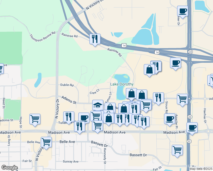 map of restaurants, bars, coffee shops, grocery stores, and more near 100 Teton Lane in Mankato