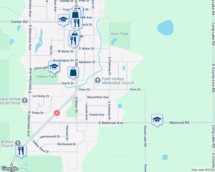 map of restaurants, bars, coffee shops, grocery stores, and more near 306 Horn Street in Brillion
