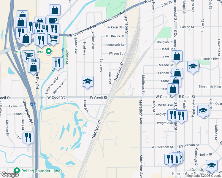 map of restaurants, bars, coffee shops, grocery stores, and more near 1461 Harrison Street in Neenah