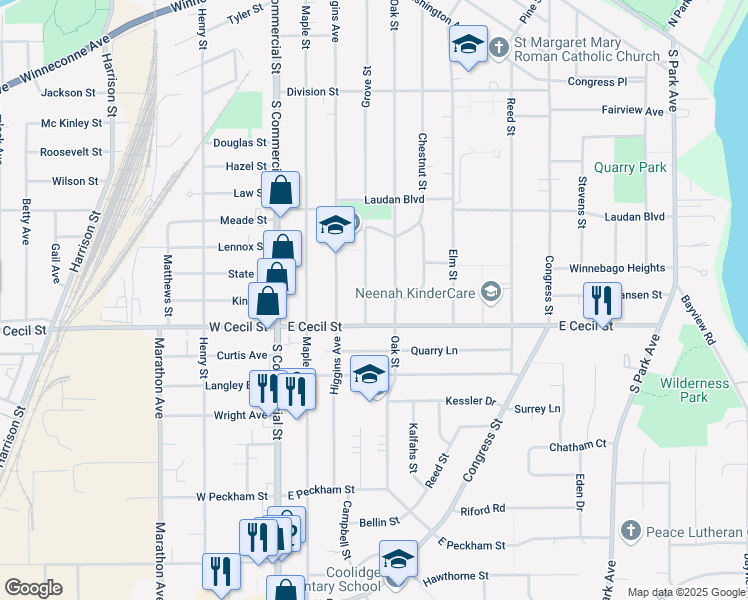 map of restaurants, bars, coffee shops, grocery stores, and more near 970 Grove Street in Neenah