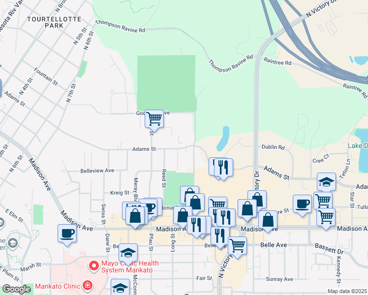 map of restaurants, bars, coffee shops, grocery stores, and more near 1355 Adams Street in Mankato