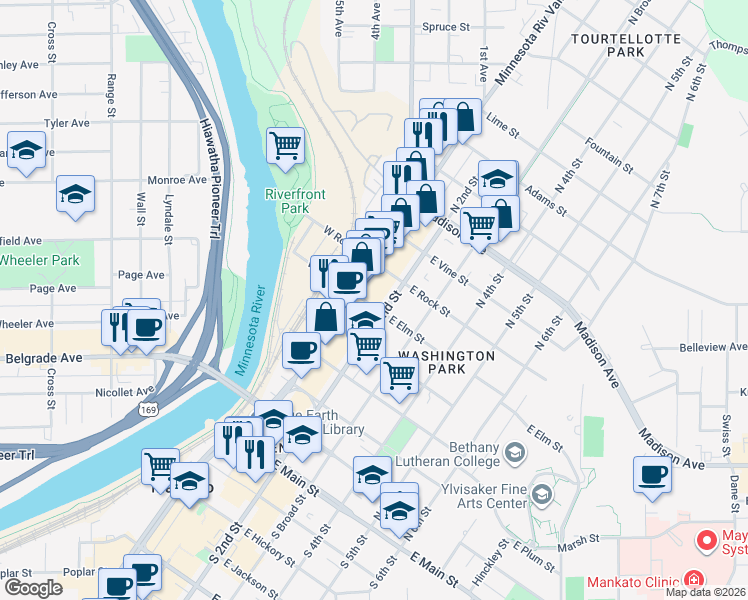 map of restaurants, bars, coffee shops, grocery stores, and more near 114 East Elm Street in Mankato