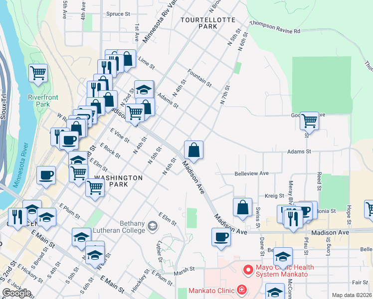 map of restaurants, bars, coffee shops, grocery stores, and more near 909 N 6th St in Mankato