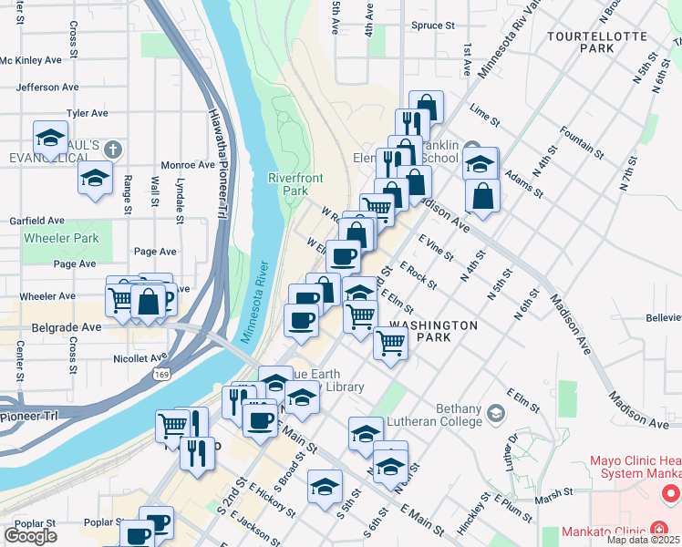 map of restaurants, bars, coffee shops, grocery stores, and more near 524 N Riverfront Dr in Mankato