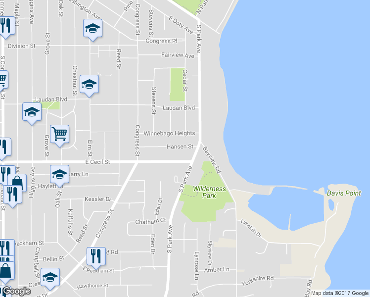 map of restaurants, bars, coffee shops, grocery stores, and more near 653 Hansen Street in Neenah