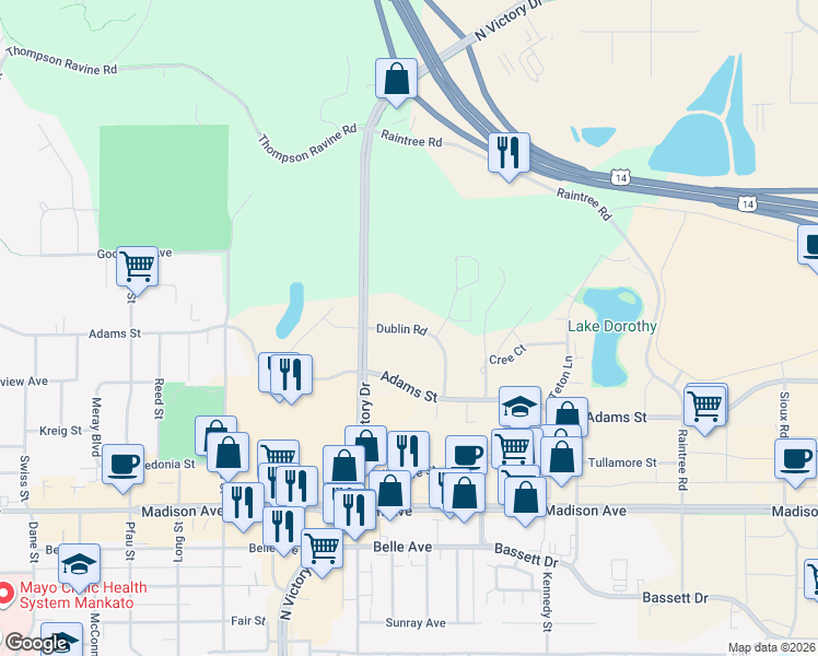 map of restaurants, bars, coffee shops, grocery stores, and more near Dublin Road in Mankato