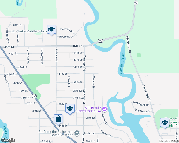 map of restaurants, bars, coffee shops, grocery stores, and more near 2116 41st Street in Two Rivers