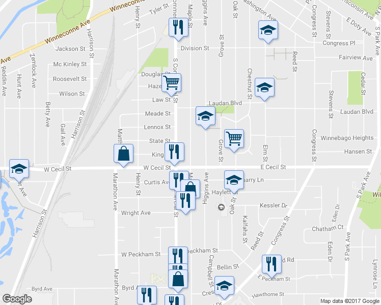 map of restaurants, bars, coffee shops, grocery stores, and more near 873 Maple Street in Neenah