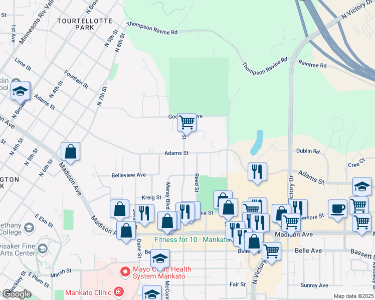 map of restaurants, bars, coffee shops, grocery stores, and more near 1005 Pfau Street in Mankato