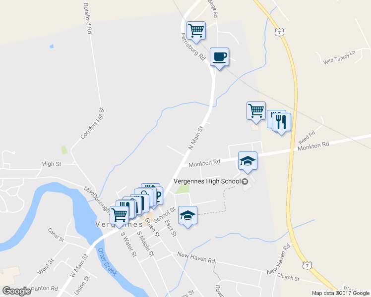 map of restaurants, bars, coffee shops, grocery stores, and more near 52 Main Street in Vergennes