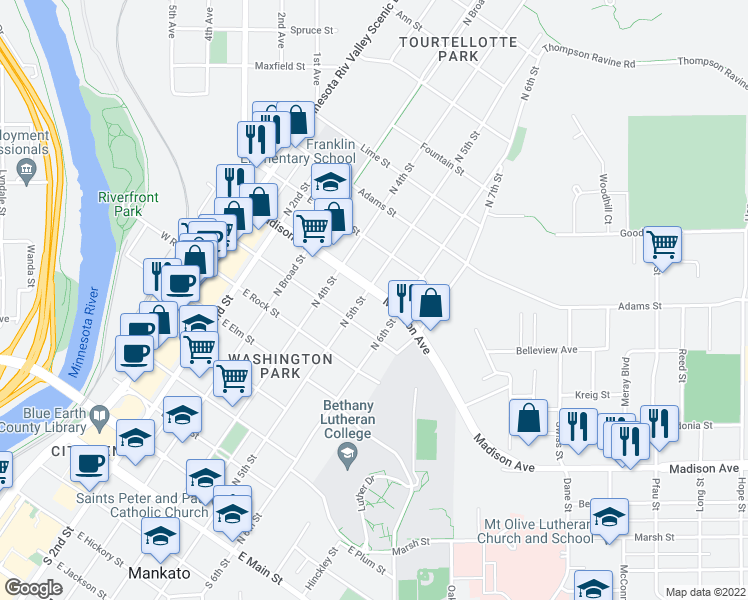 map of restaurants, bars, coffee shops, grocery stores, and more near 505 Madison Avenue in Mankato