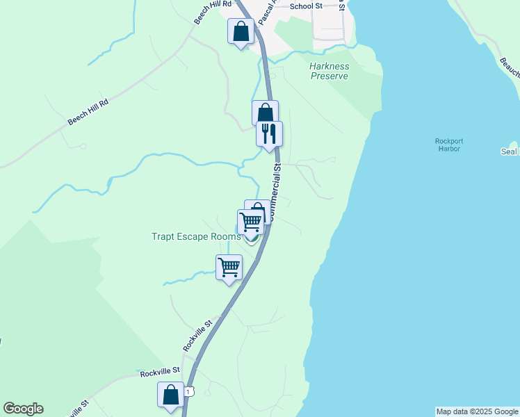map of restaurants, bars, coffee shops, grocery stores, and more near 435 Commercial Street in Rockport