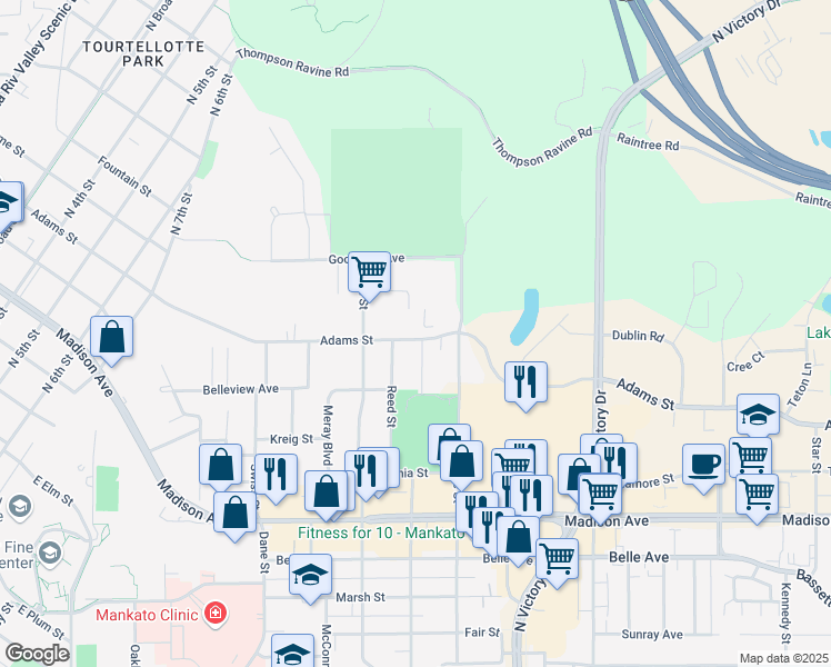 map of restaurants, bars, coffee shops, grocery stores, and more near 1204 Adams Street in Mankato