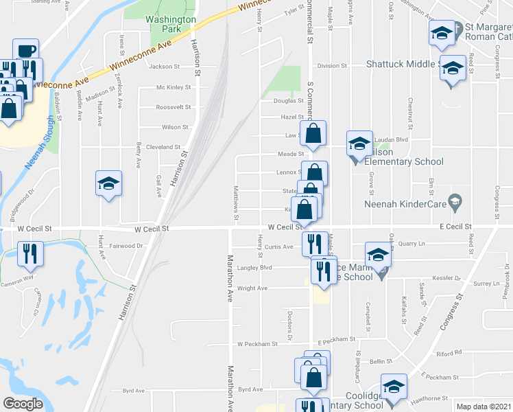 map of restaurants, bars, coffee shops, grocery stores, and more near 211 King Street in Neenah