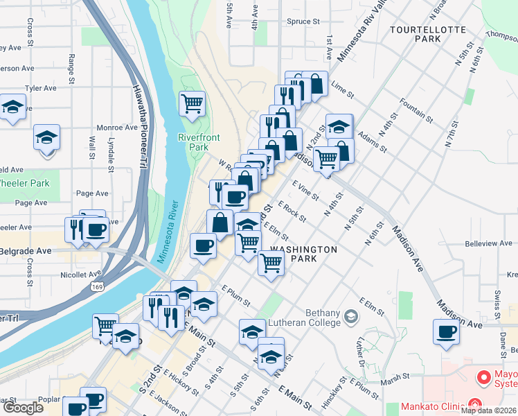 map of restaurants, bars, coffee shops, grocery stores, and more near 114 East Elm Street in Mankato