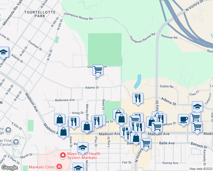 map of restaurants, bars, coffee shops, grocery stores, and more near 1204 Adams Street in Mankato