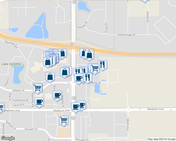 map of restaurants, bars, coffee shops, grocery stores, and more near 2065 Adams Street in Mankato