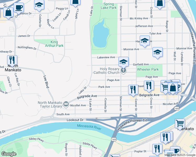 map of restaurants, bars, coffee shops, grocery stores, and more near 724 Page Avenue in North Mankato
