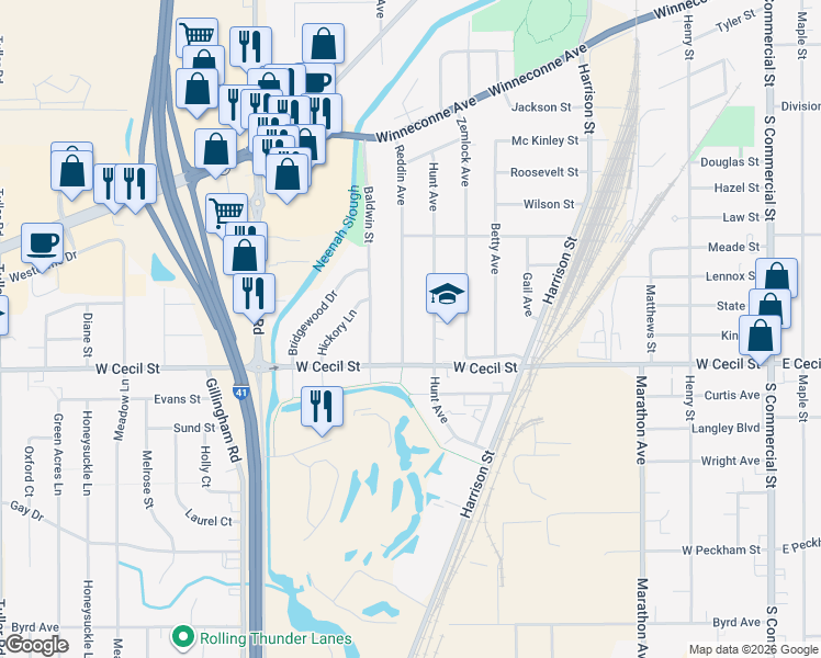 map of restaurants, bars, coffee shops, grocery stores, and more near 966 Reddin Avenue in Neenah