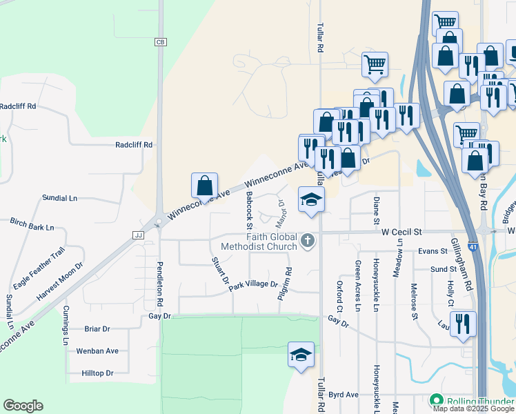map of restaurants, bars, coffee shops, grocery stores, and more near 1160 Brittany Court in Neenah