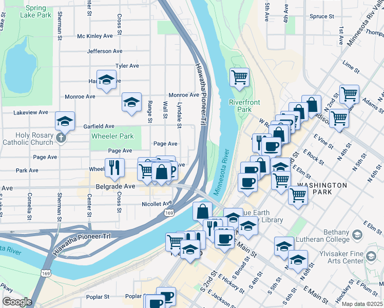 map of restaurants, bars, coffee shops, grocery stores, and more near 103 Cleveland Avenue in North Mankato