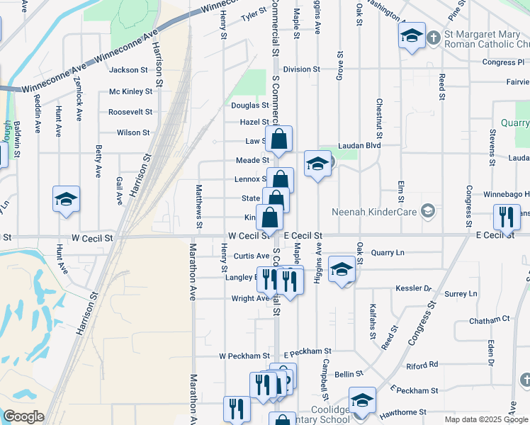 map of restaurants, bars, coffee shops, grocery stores, and more near 121 King Street in Neenah