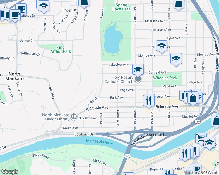 map of restaurants, bars, coffee shops, grocery stores, and more near 724 Page Avenue in North Mankato