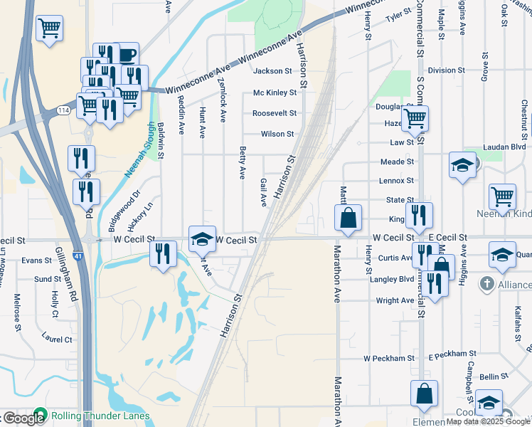 map of restaurants, bars, coffee shops, grocery stores, and more near 1461 Harrison Street in Neenah