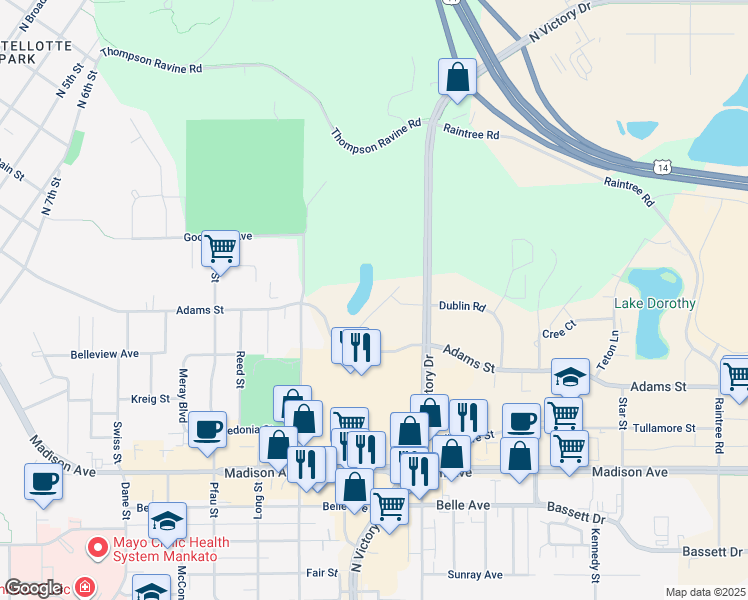 map of restaurants, bars, coffee shops, grocery stores, and more near Dublin Road in Mankato