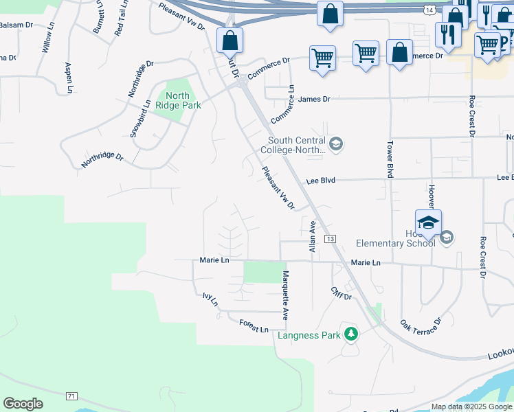 map of restaurants, bars, coffee shops, grocery stores, and more near 22 Edgewood Court in North Mankato