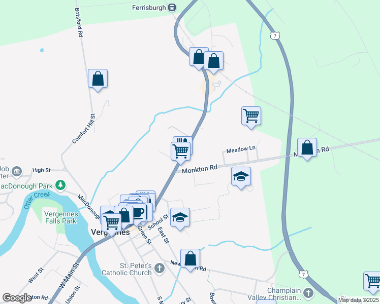 map of restaurants, bars, coffee shops, grocery stores, and more near 52 Main Street in Vergennes