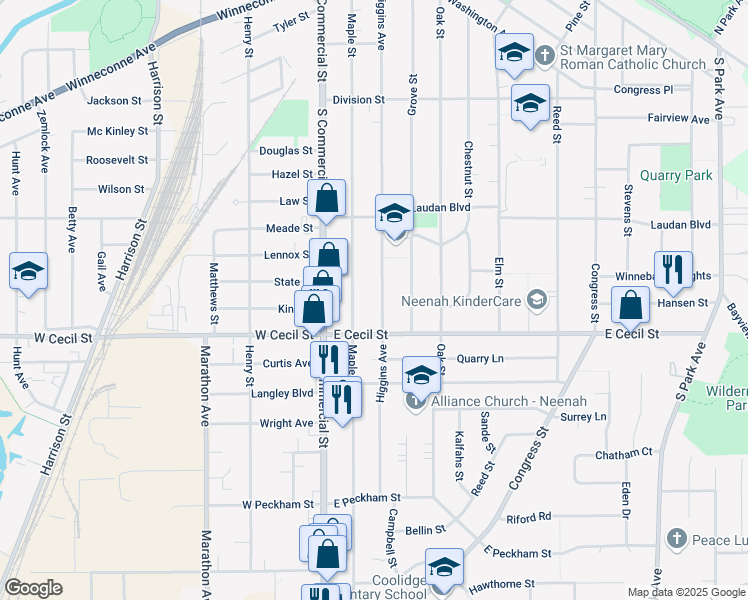 map of restaurants, bars, coffee shops, grocery stores, and more near 965 Higgins Avenue in Neenah