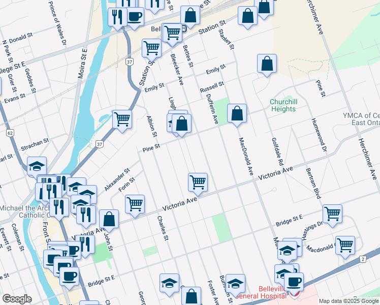 map of restaurants, bars, coffee shops, grocery stores, and more near 121 Lingham Street in Belleville