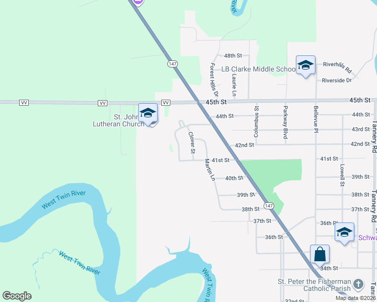 map of restaurants, bars, coffee shops, grocery stores, and more near 4112 Clover Street in Two Rivers