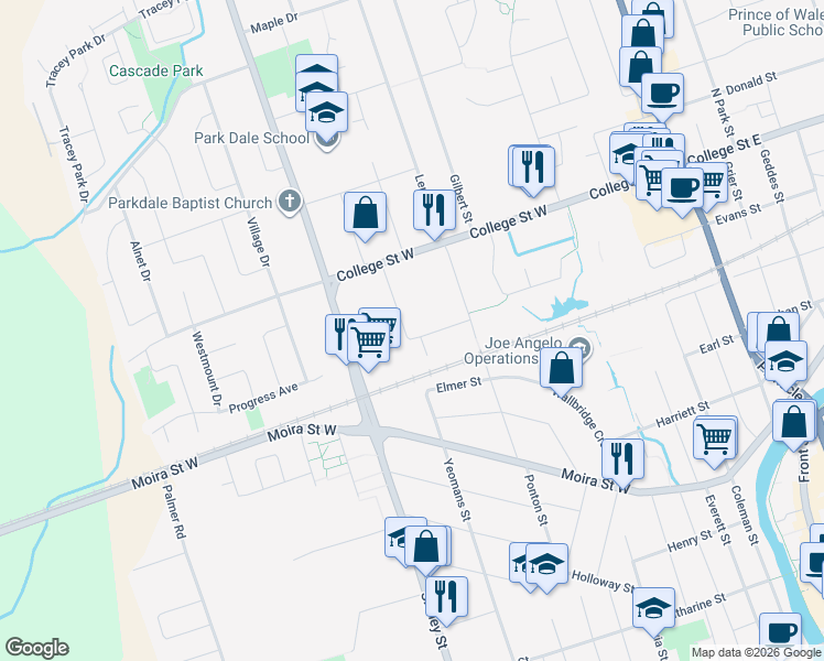 map of restaurants, bars, coffee shops, grocery stores, and more near 245 Yeomans Street North in Belleville