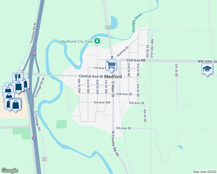 map of restaurants, bars, coffee shops, grocery stores, and more near 211 North Main Street in Medford