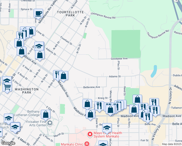 map of restaurants, bars, coffee shops, grocery stores, and more near 824 Adams Street in Mankato