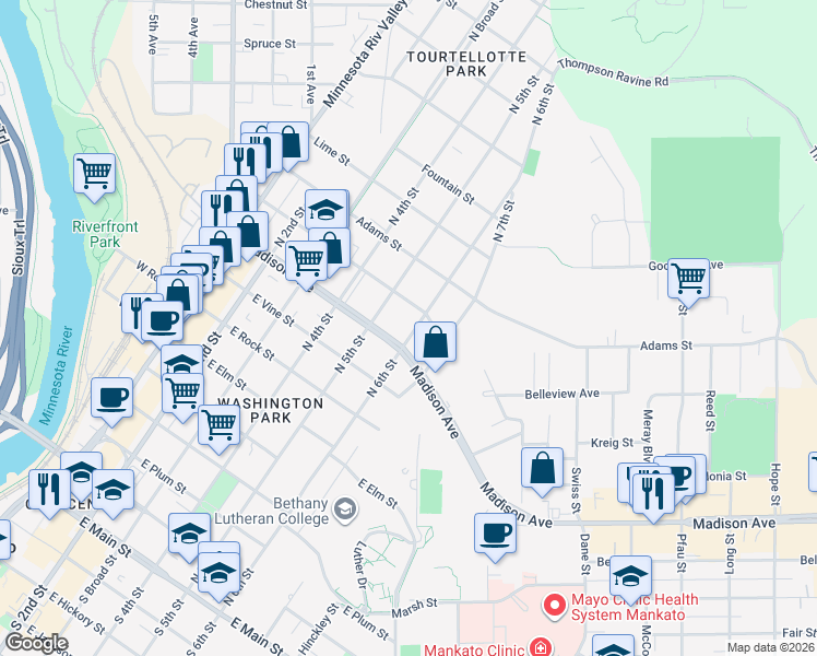 map of restaurants, bars, coffee shops, grocery stores, and more near 909 North 6th Street in Mankato