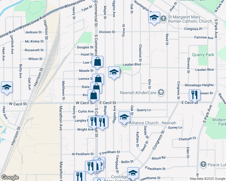 map of restaurants, bars, coffee shops, grocery stores, and more near 965 Higgins Avenue in Neenah