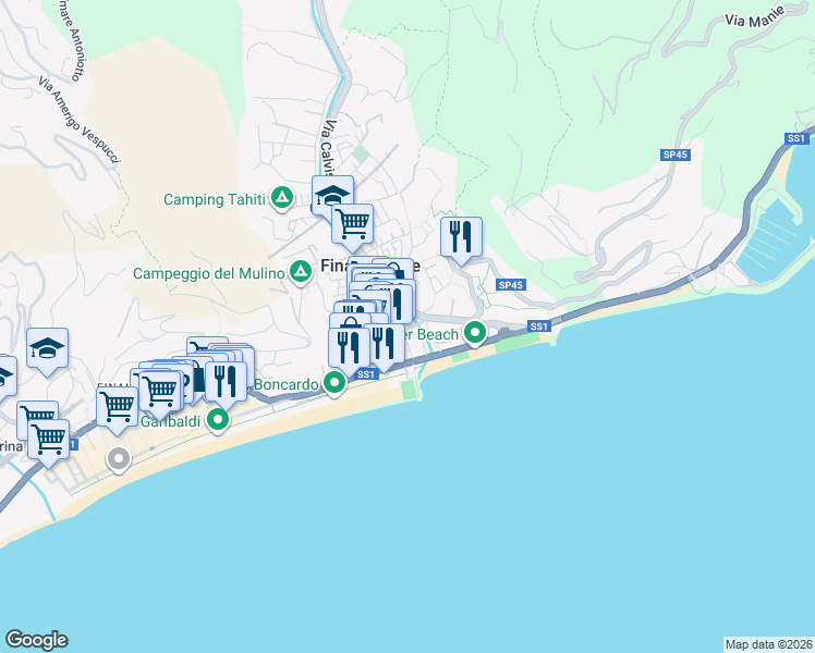 map of restaurants, bars, coffee shops, grocery stores, and more near 53 Via Santuario in Finale Ligure