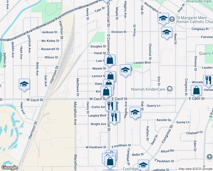 map of restaurants, bars, coffee shops, grocery stores, and more near 121 King Street in Neenah